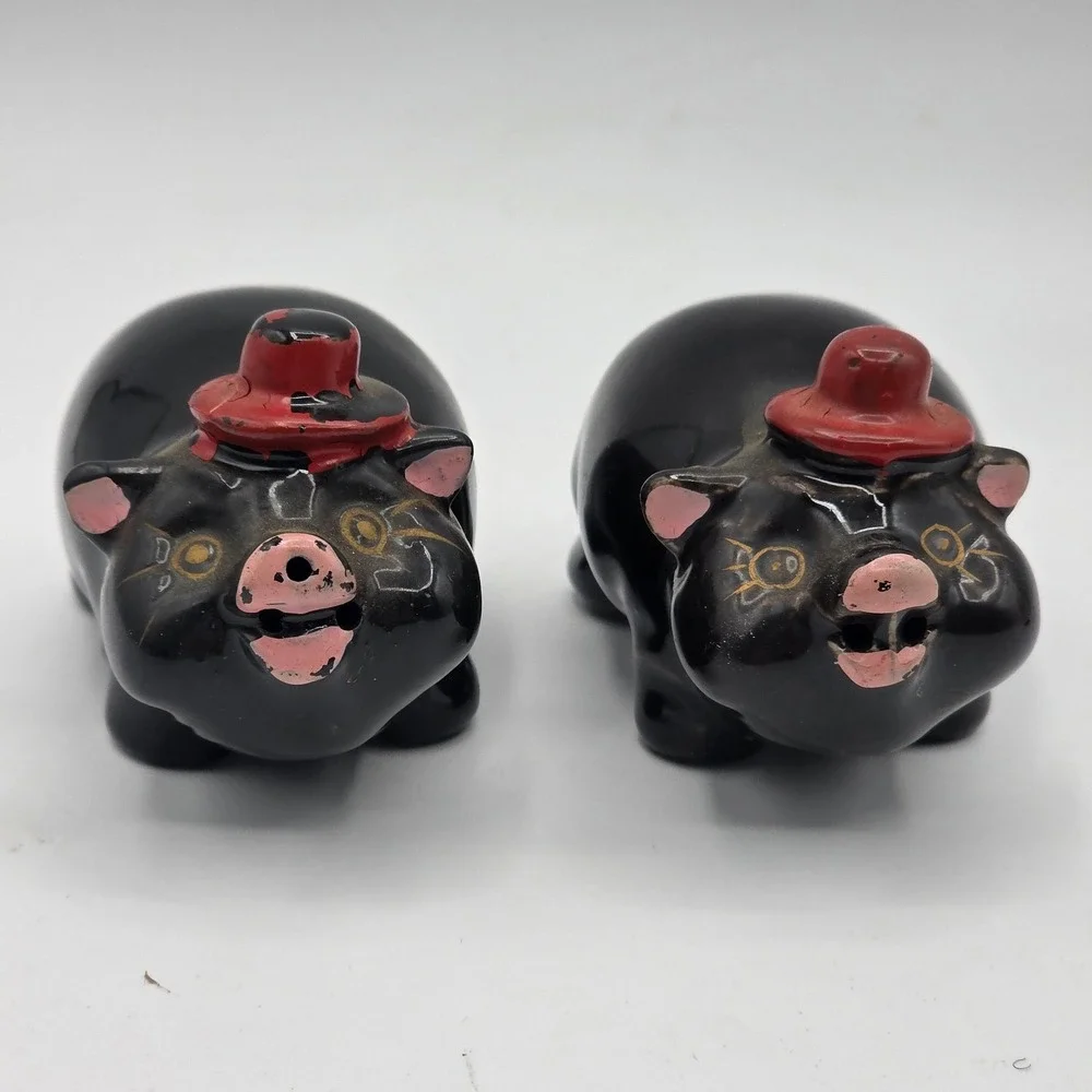 Vintage Ceramic Pig Salt Pepper Shakers Pair Black Red Hats Made in Japan Kitsch
